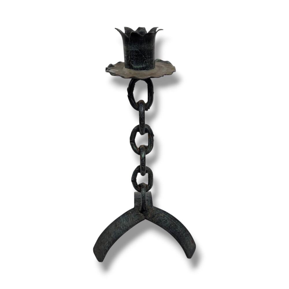 Vintage Brutalist Chain Link Candle Holder Wrought Iron Floral Candlestick Black